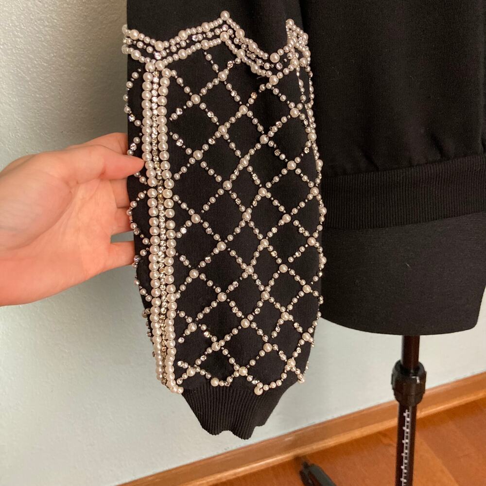 S Express Black Statement Pearl Rhinestone Sweater Top Long Sleeve - Picture 2 of 9